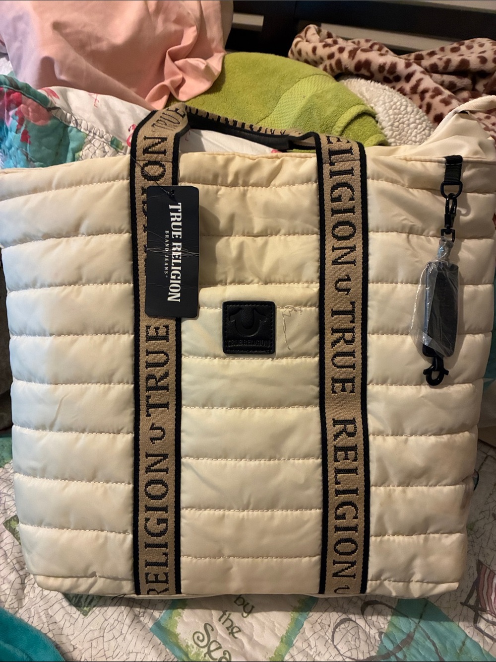 True Religion Cream Quilted Tote with Branded Webbing Straps